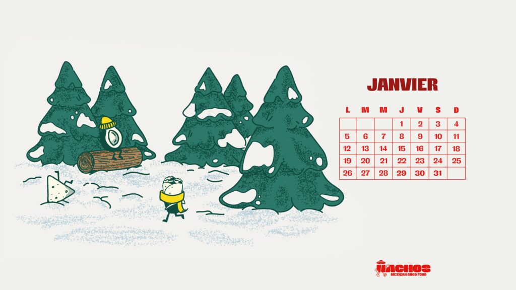 Fond d’écran NACHOS janvier avec calendrier et illustration hivernale