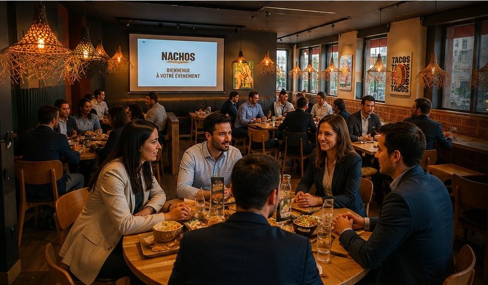Réunion d'entreprise autour d'un repas dans l'espace privatisable Nachos Caen