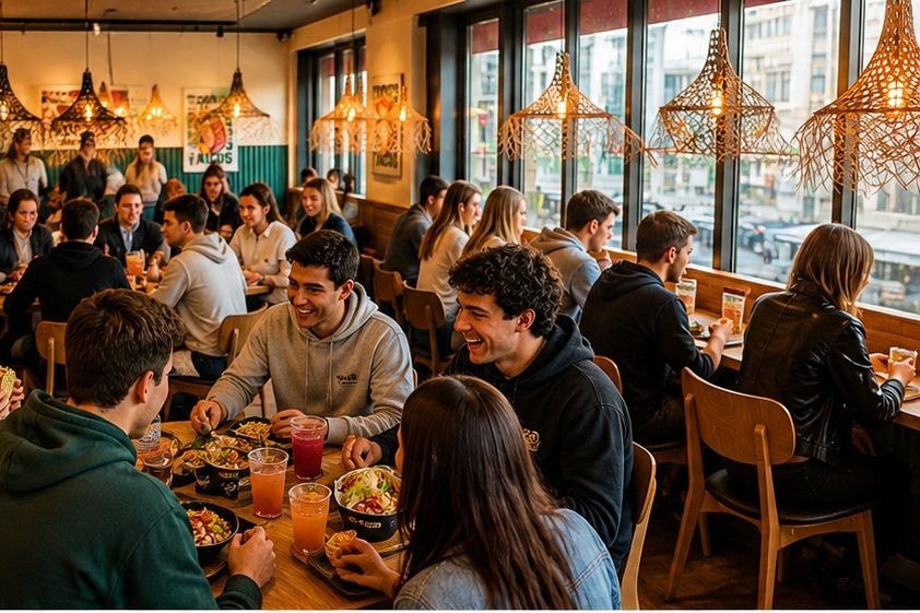 Groupe d'étudiants partageant un repas tacos et bowls chez Nachos Caen